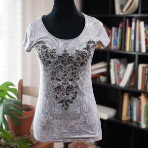 Y2K Maurice’s Embellished Graphic Tee XS Gray Gothic Scroll Beaded Grunge Top